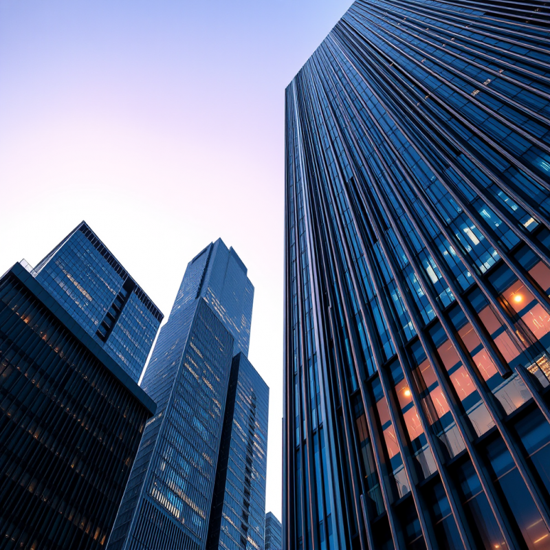 Low-angle Shot at Twilight of a Futuristic Skyscraper Wit...