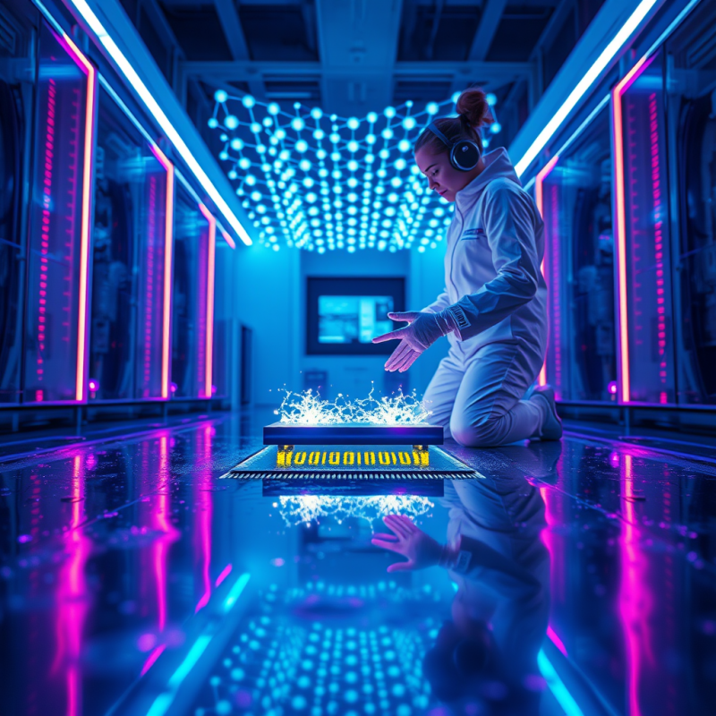 Low-angle Shot Inside a Neon-lit Quantum Computing Lab