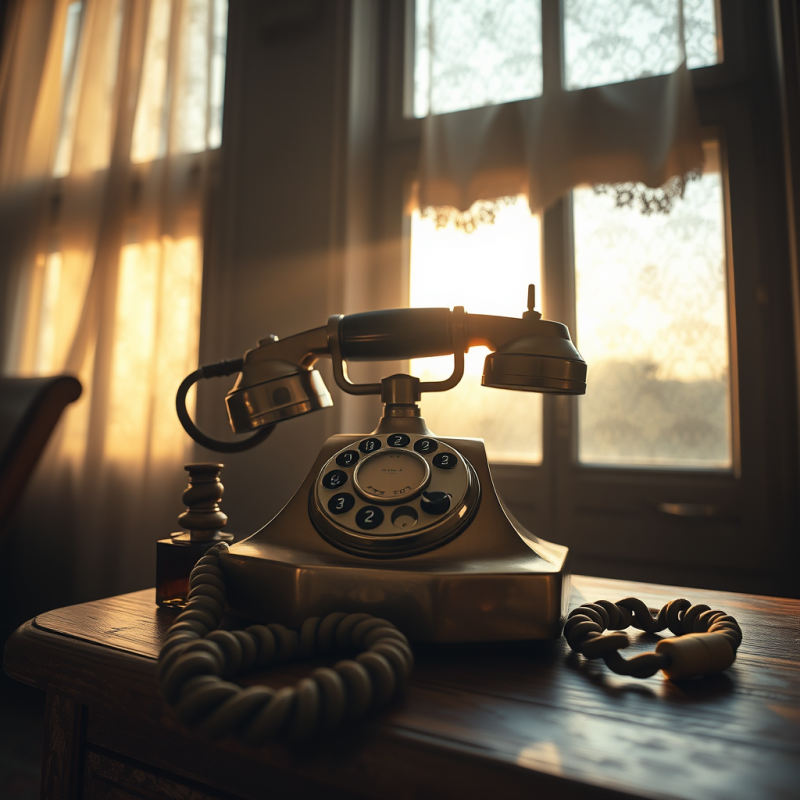 Low-angle Shot of a 1940s Brass Rotary Phone Resting On...