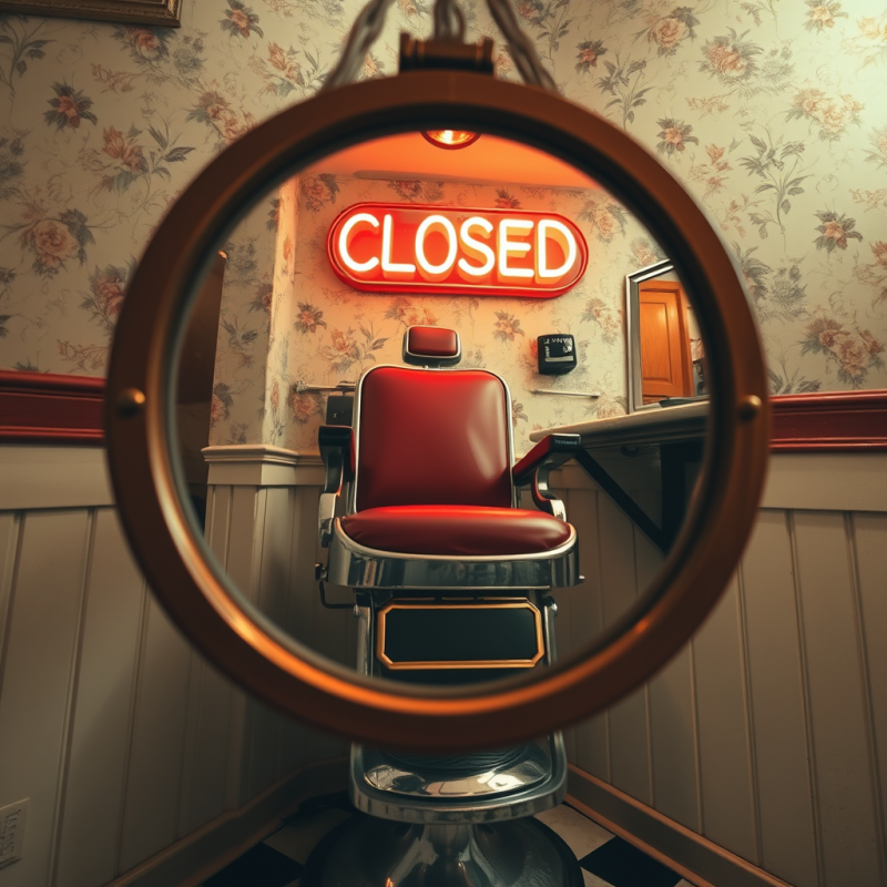 Low-angle Shot of a 1950s Barber Shop Mirror Reflecting...
