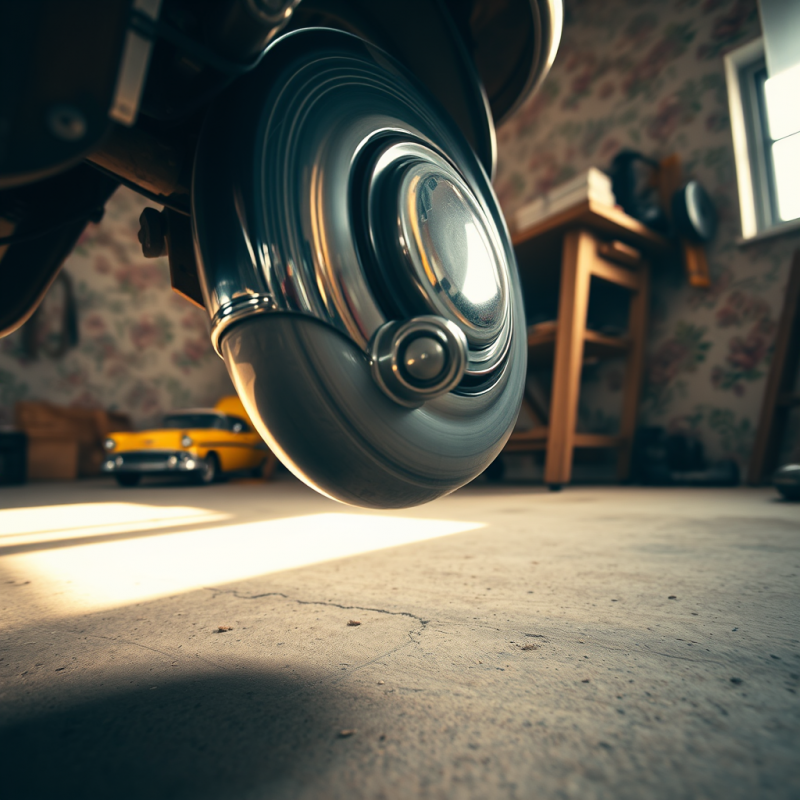 Low-angle Shot of a 1950s Chrome Hubcap Spinning Mid-ai...