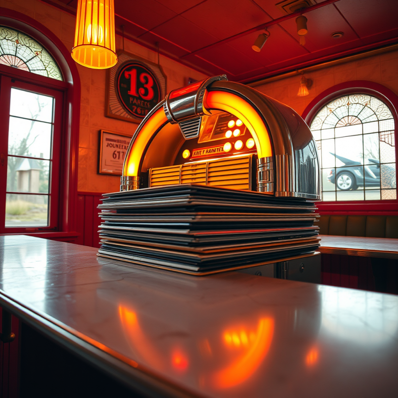 Low-angle Shot of a 1950s Chrome-plated Jukebox Glowing...