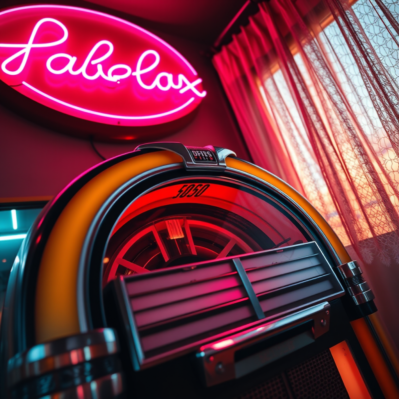 Low-angle Shot of a 1950s Chrome-plated Jukebox Glowing...