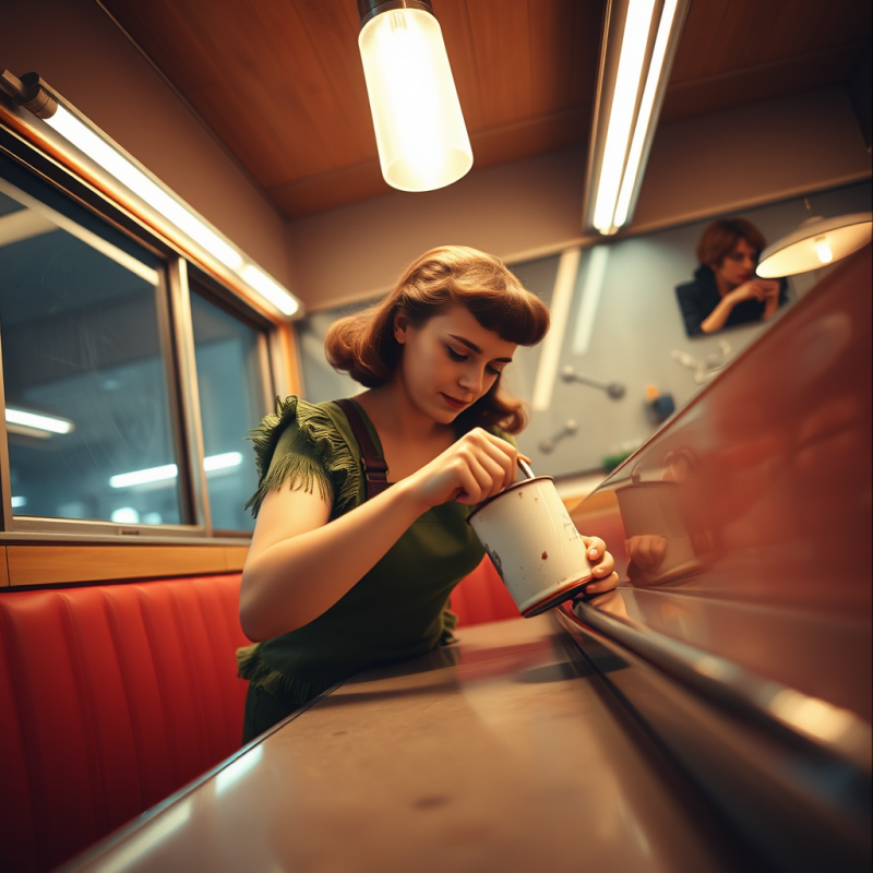 Low-angle Shot of a 1950s-era Diner Waitress in a Fring...