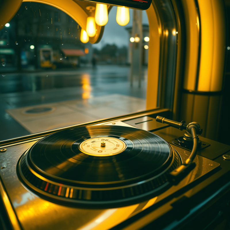 Low-angle Shot of a 1950s Jukebox Glowing Under Warm Tu...