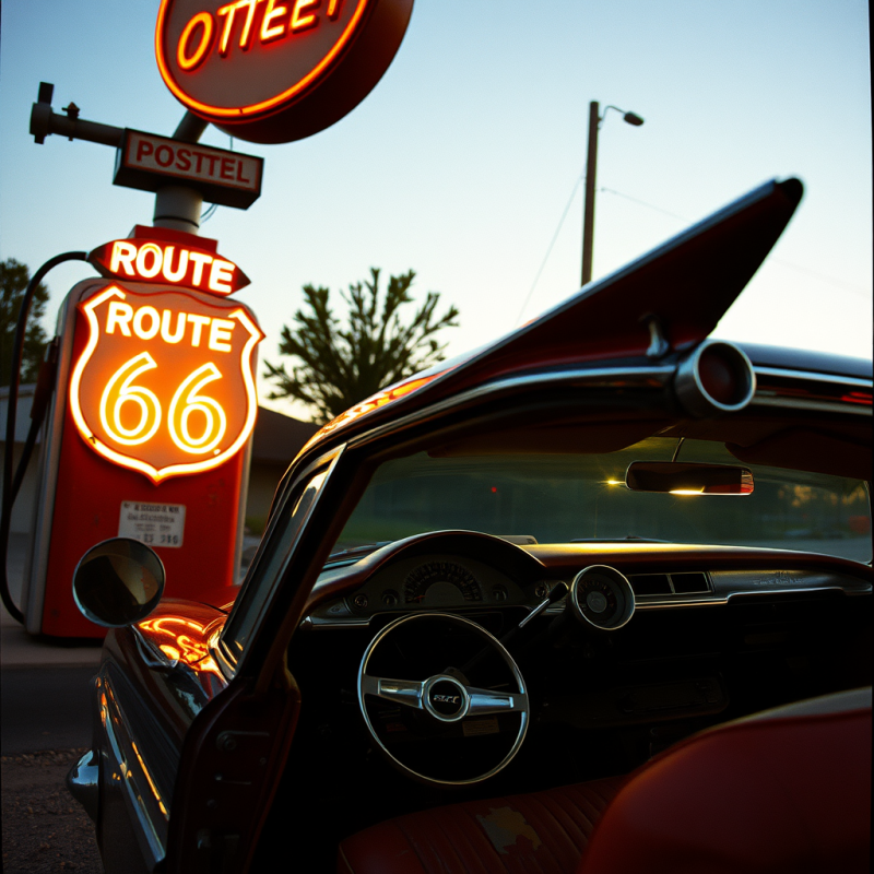 Vintage Route 66 Car at a Gas Station