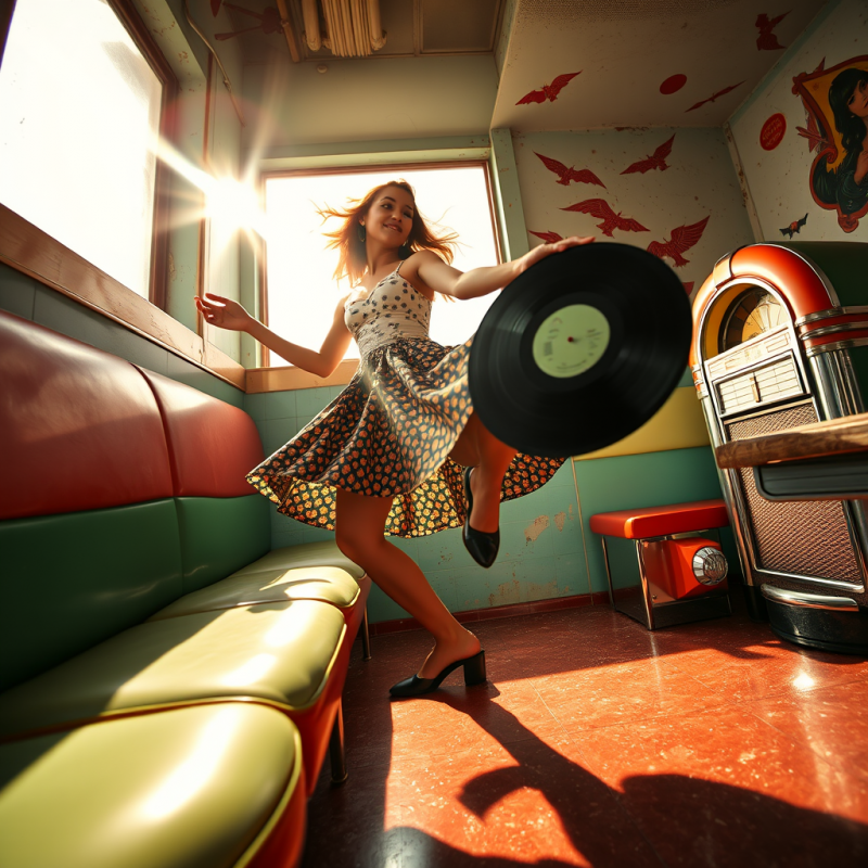 Low-angle Shot of a 1960s Mod Girl Dancing in a Chrome-...