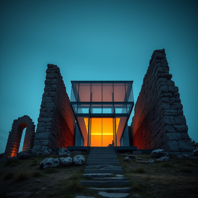 Low-angle Shot of a Cantilevered Glass-and-steel Pavili...