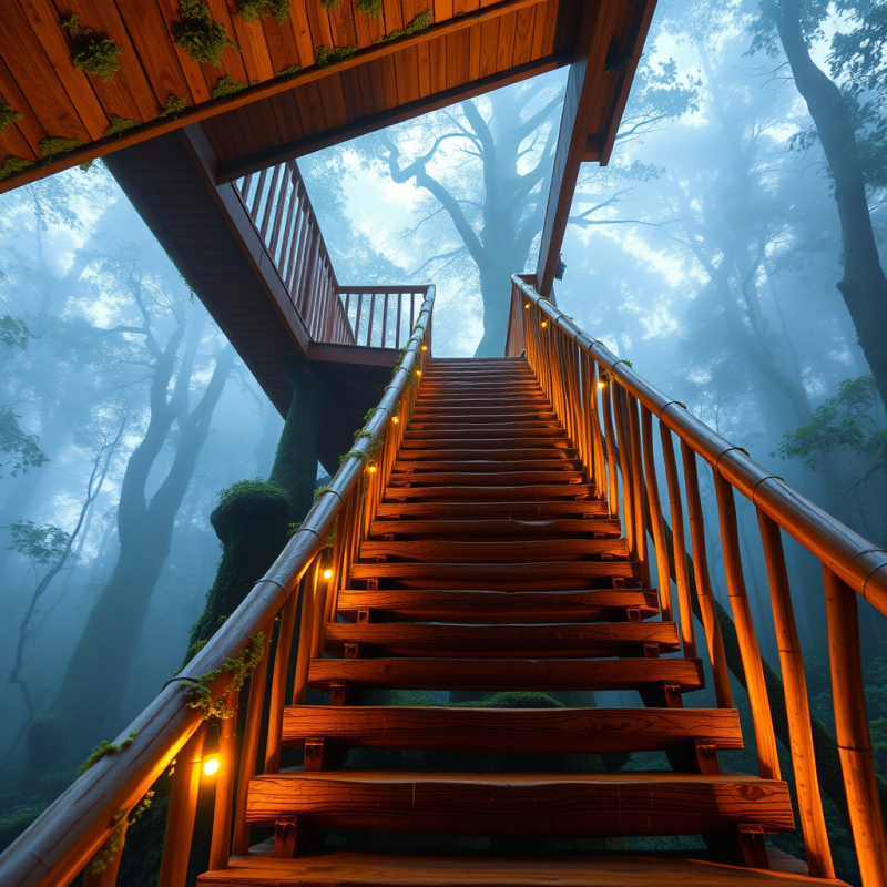 Low-angle Shot of a Cantilevered Wooden Staircase in a ...