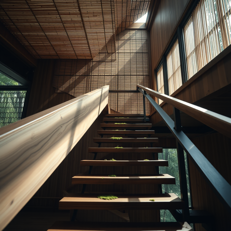 Low-angle Shot of a Cantilevered Wooden Staircase Insid...