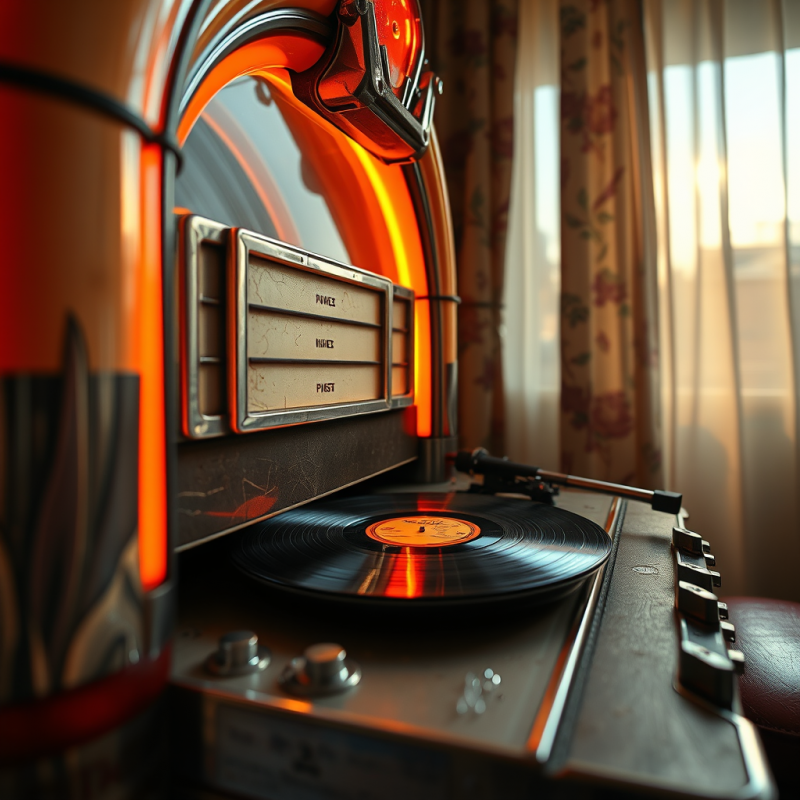 Low-angle Shot of a Cracked 1950s Diner Jukebox Glowing...