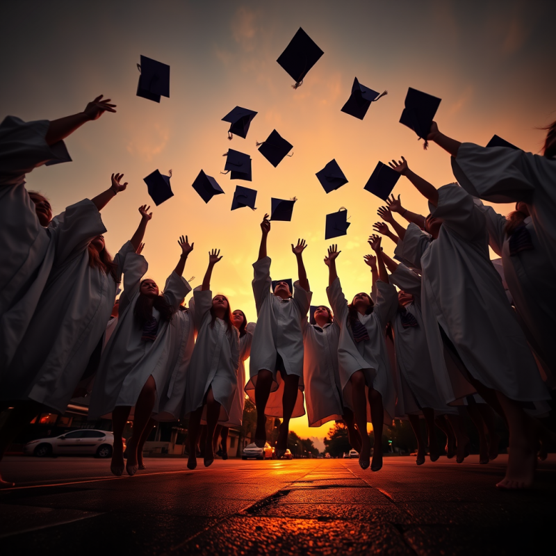 Low-angle Shot of a Diverse Group of High School Senior...