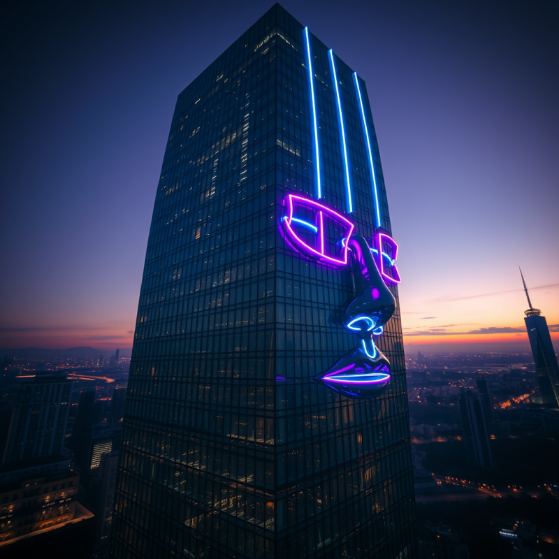 Low-angle Shot of a Face-shaped Tower in Neon-lit Twilight