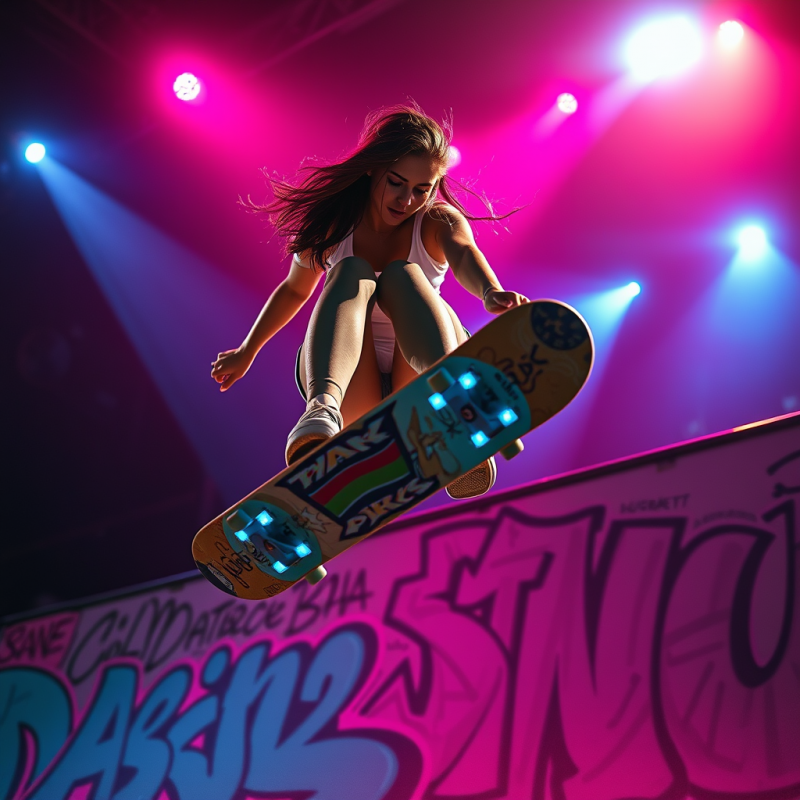 Low-angle Shot of a Female Skateboarder Mid-air
