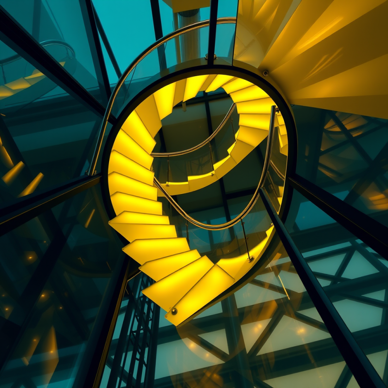 Low-angle Shot of a Glowing Neon-yellow Curved Staircas...