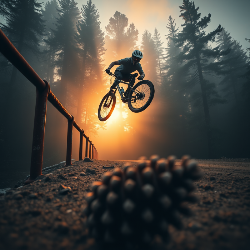 Low-angle Shot of a Lone Mountain Biker Mid-air After L...