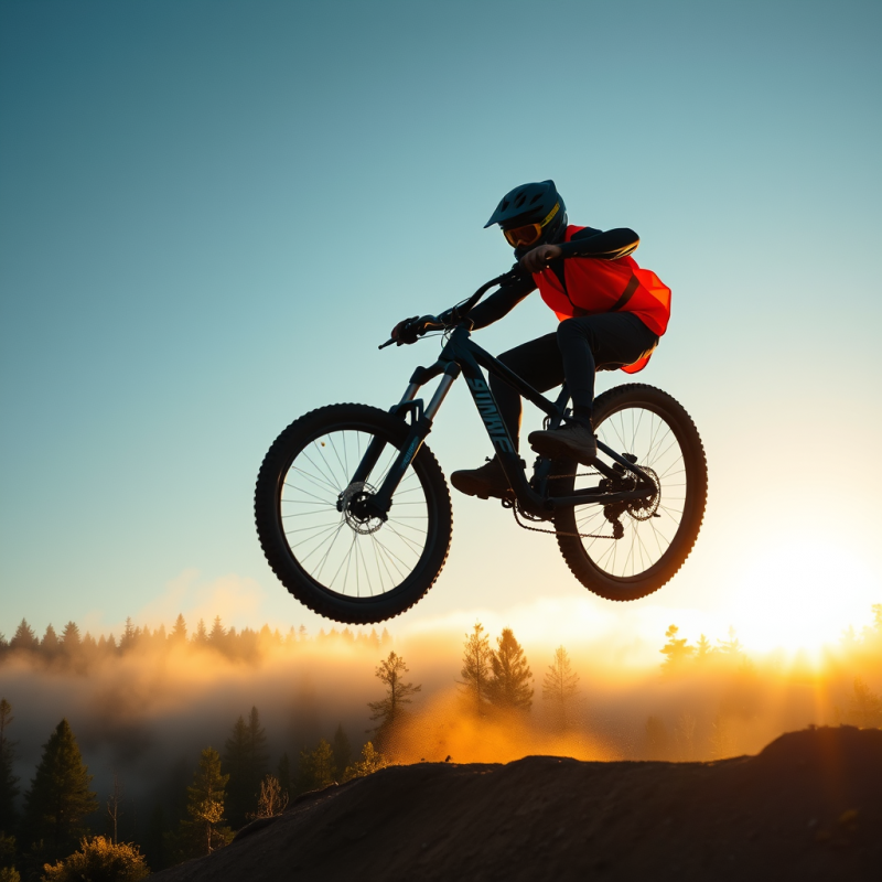 Mountain Biker Soaring Over Forest
