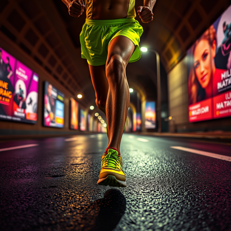 Low-angle Shot of a Marathon Runner in Neon-lime Runnin...