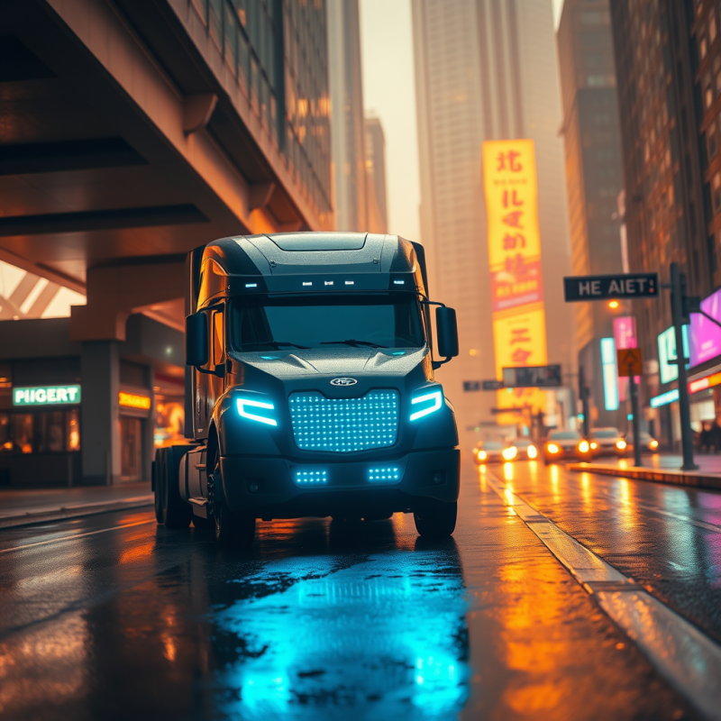 Low-angle Shot of a Matte Black Self-driving Truck Glid...