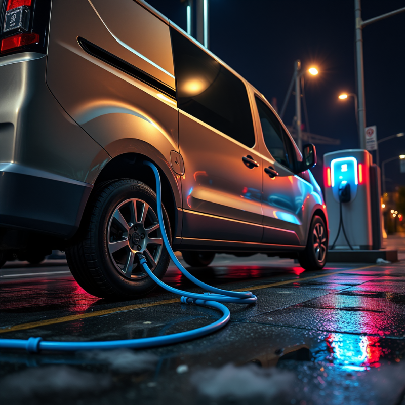 Low-angle Shot of a Matte Silver Electric Van Parked At...