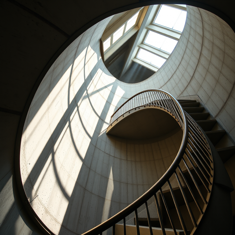 Low-angle Shot Of A Spiral Staircase Inside A Brutalist-e...