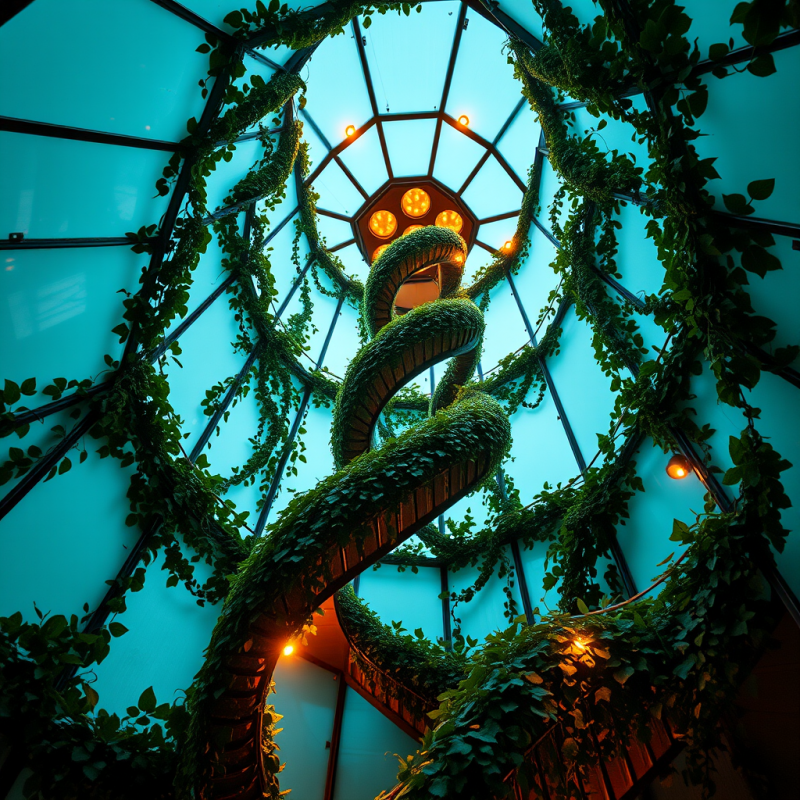 Low-angle Shot of a Spiral Staircase Wrapped in Living Ivy