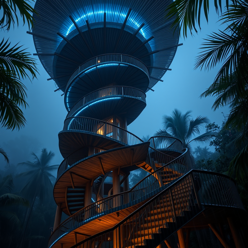 Low-angle Shot of a Spiraling Bamboo-clad Tower in a Mi...