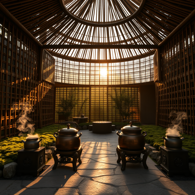 Low-angle Shot of a Spiraling Bamboo-framed Eco-pavilio...