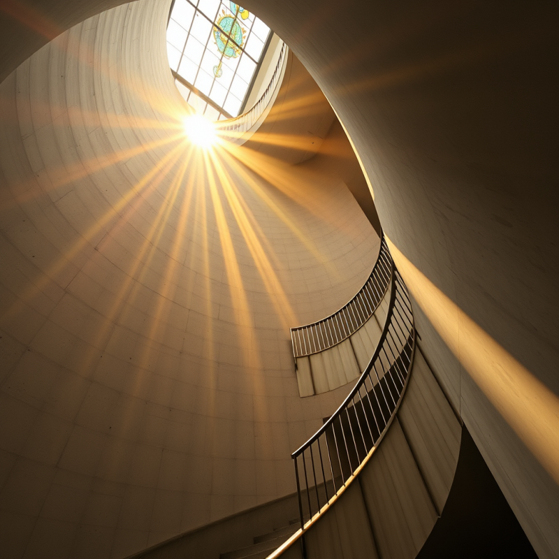 Low-angle Shot of a Spiraling Concrete Staircase Inside...