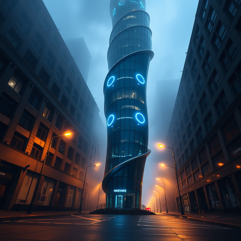 Low-angle Shot of a Spiraling Glass-and-steel Tower Wit...