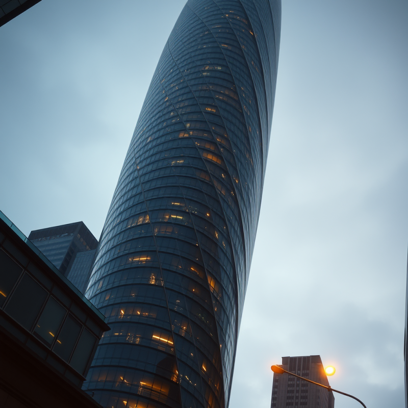 Low-angle Shot of a Spiraling Titanium-clad Skyscraper ...