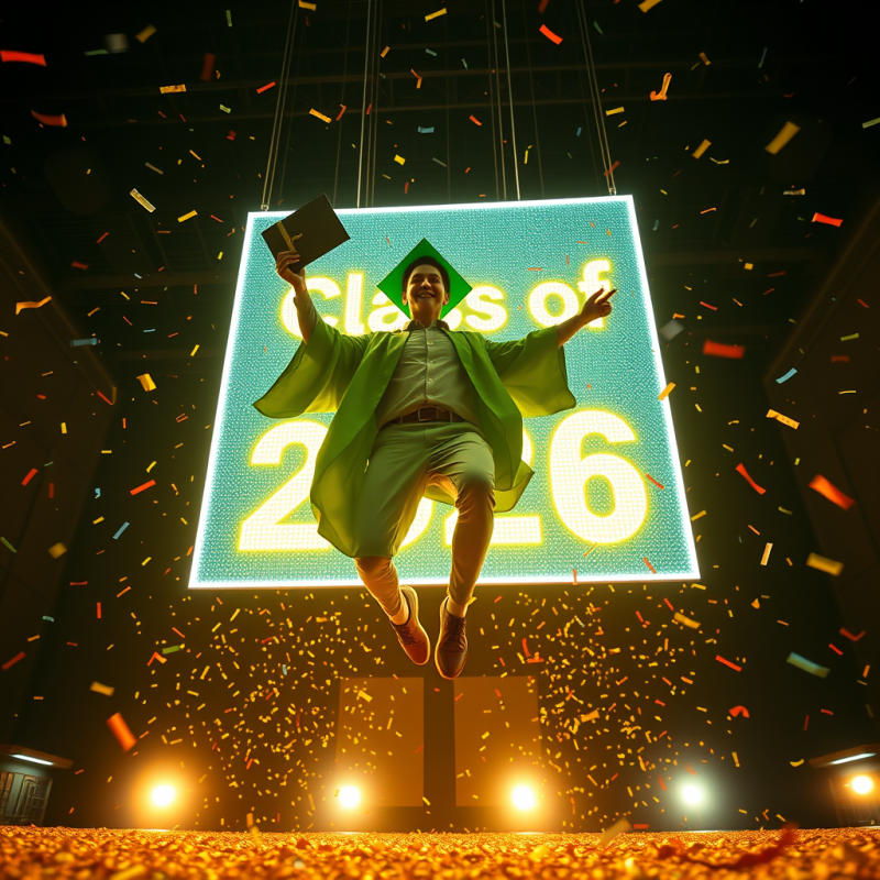 Low-angle Shot of a Student in a Neon-green Graduation ...