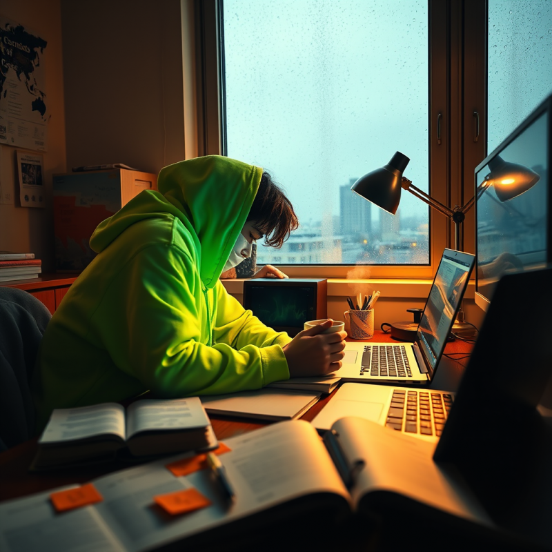Low-angle Shot of a Student in a Neon-green Hoodie Hunc...
