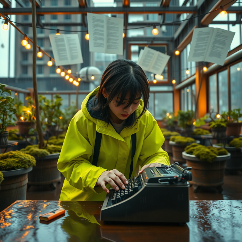 Low-angle Shot of a Student in a Rain-soaked Urban Roof...