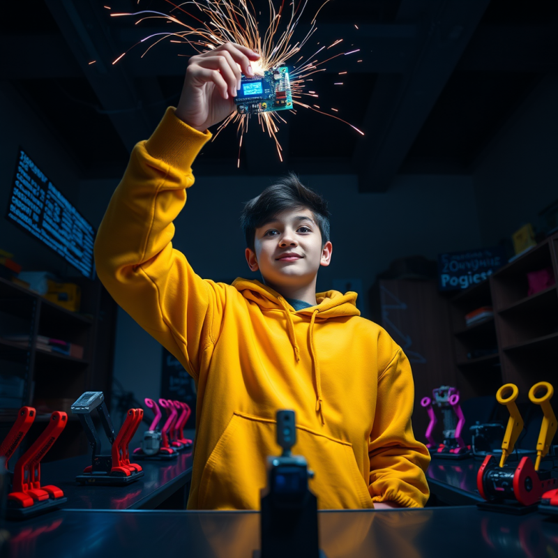 Young Inventor with Sparkling Circuit Board
