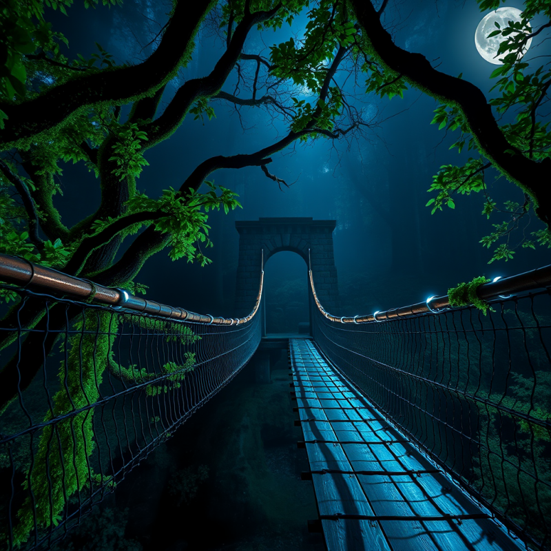 Low-angle Shot of a Suspended Wooden Bridge Woven Throu...