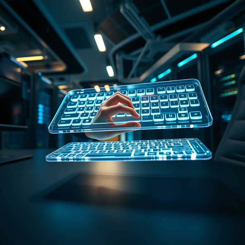 Low-angle Shot of a Translucent Holographic Keyboard Fl...