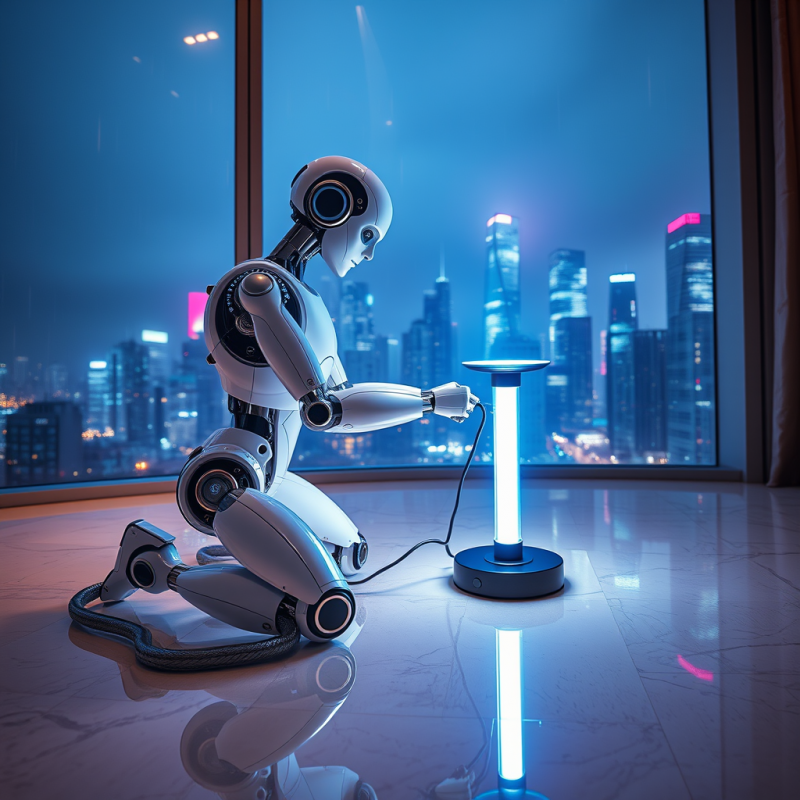 Low-angle Shot of a Translucent Humanoid Robot Kneeling...