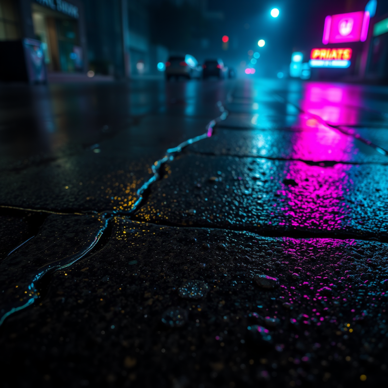 Low-angle Shot of Rain-slicked Pavement Reflecting