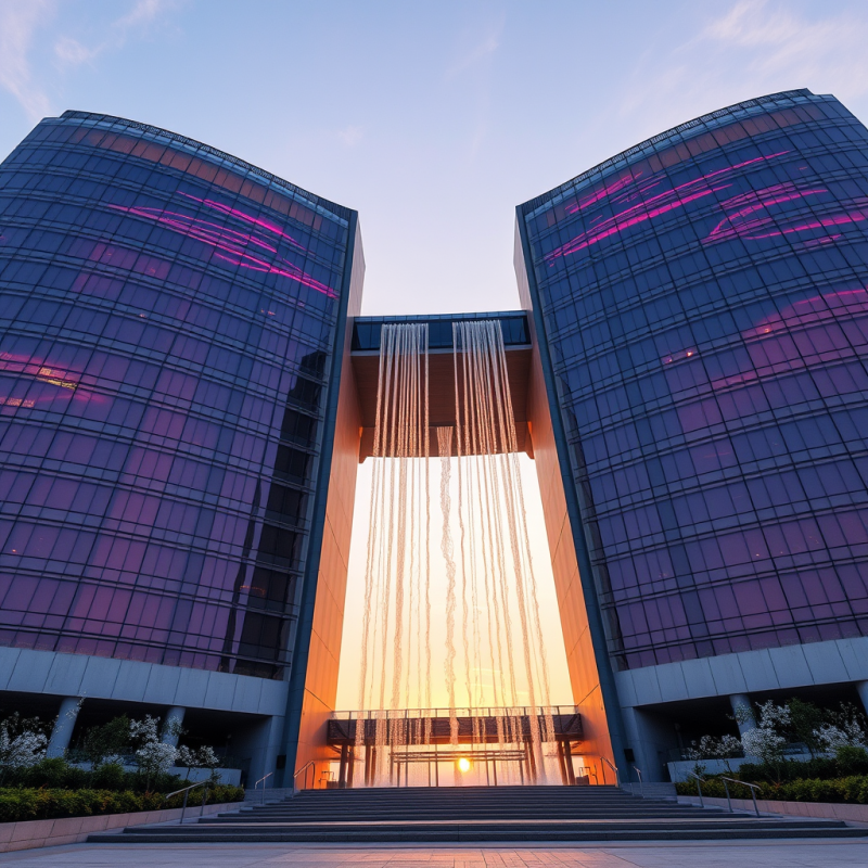 Low-angle Sunrise Shot of a Futuristic Face-shaped Towe...