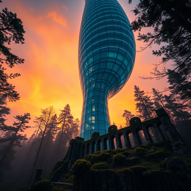 Low-angle Sunset Shot of a Futuristic Spiral Tower With...