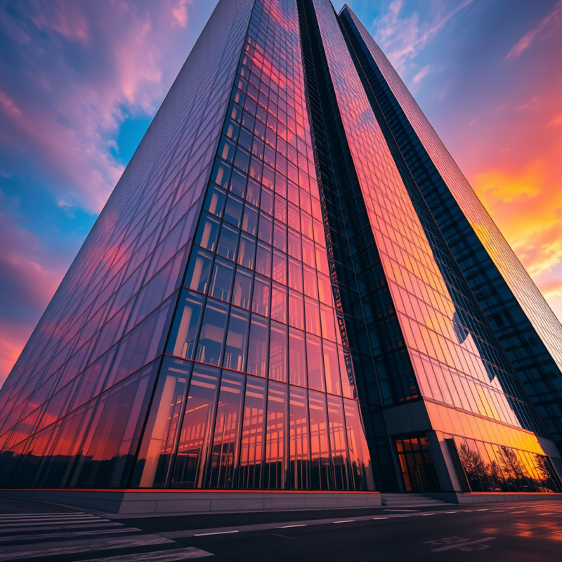 Low-angle Sunset Shot of a Hyper-modern Glass Skyscrape...