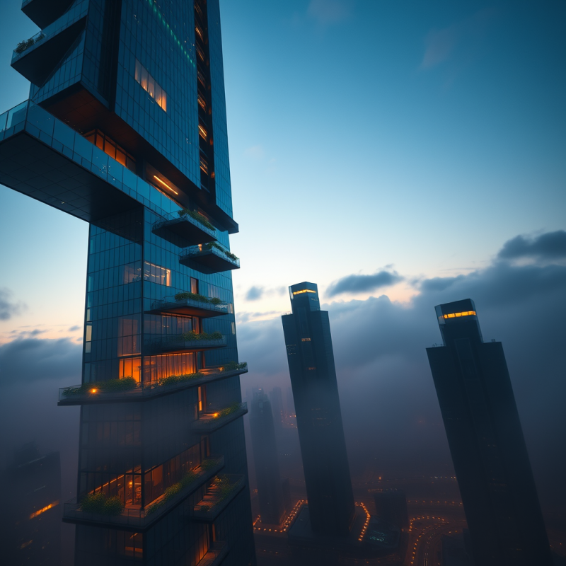 Low-angle Twilight Shot of a Futuristic Skyscraper With...