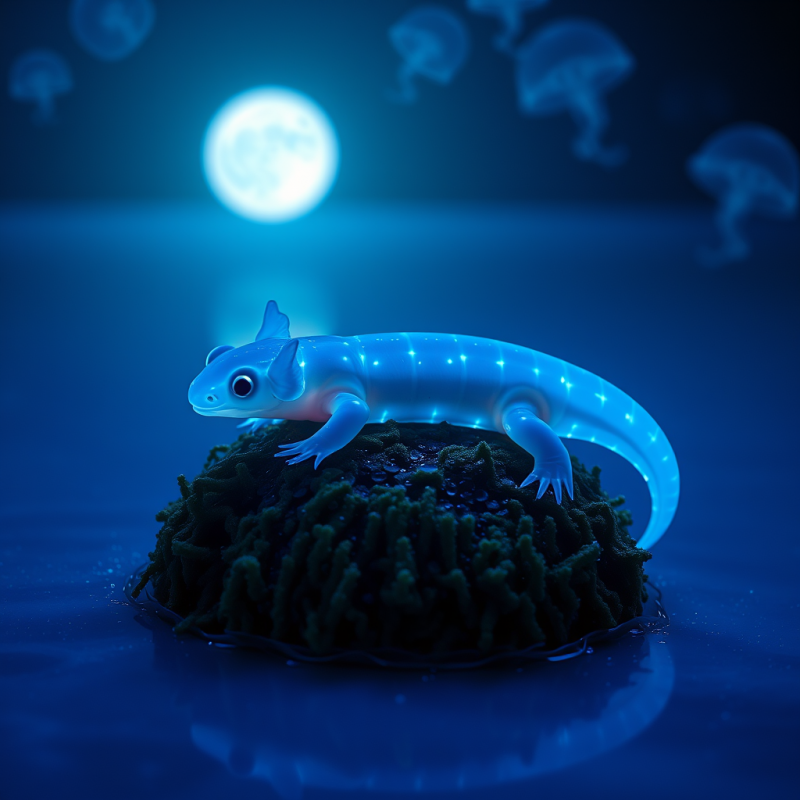 Luminous Blue Axolotl Perches on a Coral Reef Under