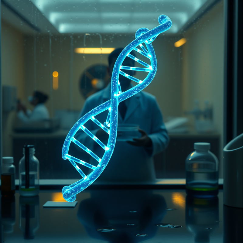 Luminous Blue Dna Double Helix Hovers Over a Wet Lab