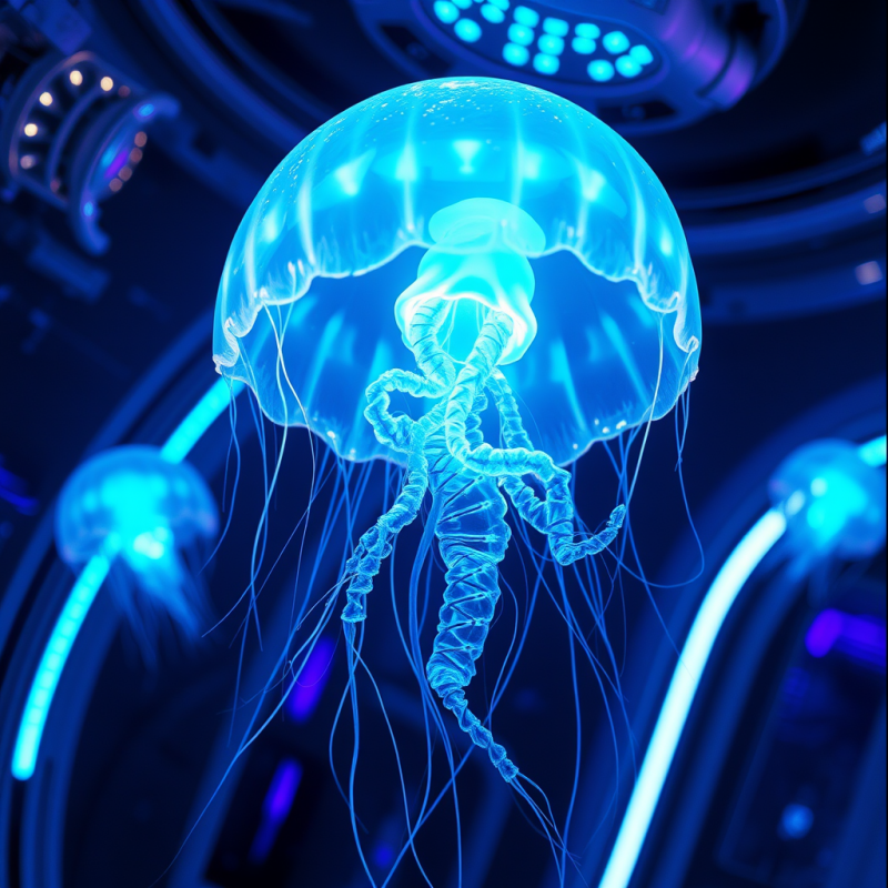 Luminous Blue Jellyfish Floats Gracefully in a