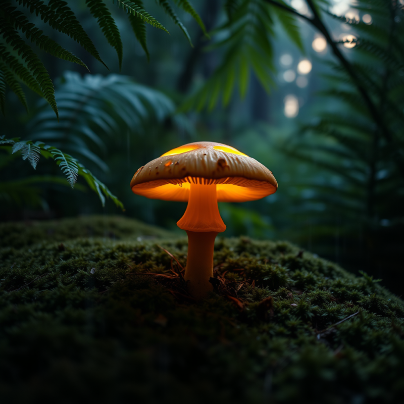 Luminous Orange Mushroom Glows Warmly Amidst Lush