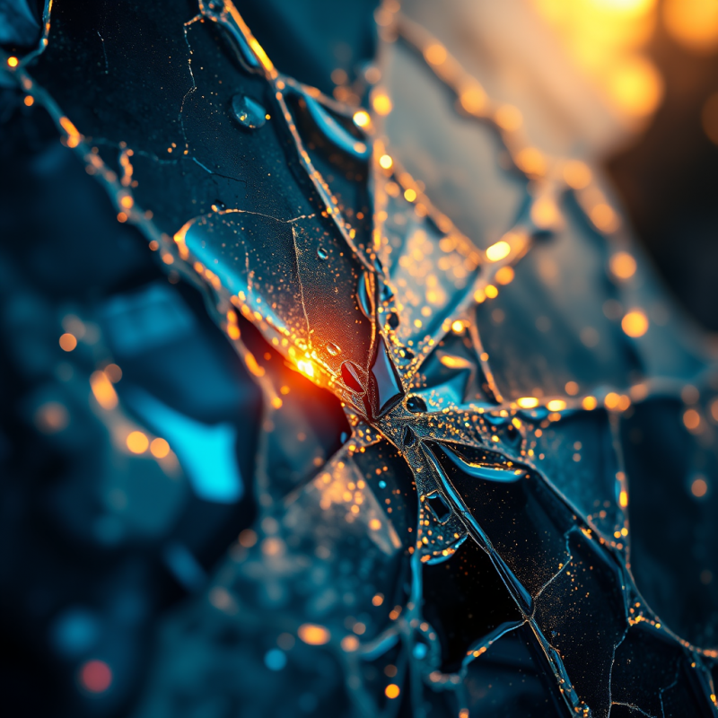 Macro Close-up of Fractured Blue-tinted Glass Under Low-a...