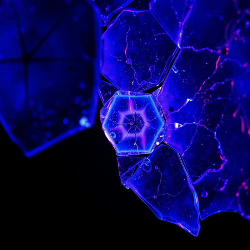 Macro Close-up of Fractured Neon Blue Glass Shards Suspen...