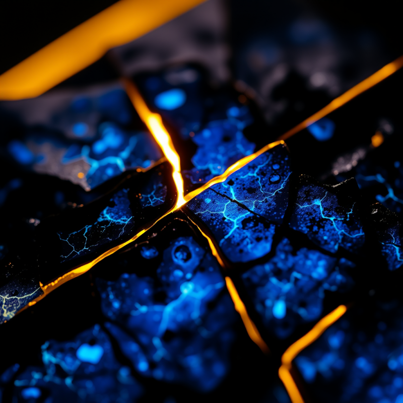 Macro Close-up of Fractured Obsidian Shards Under Neon Uv...